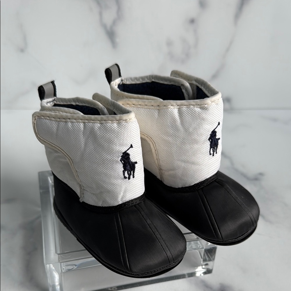 Polo Ralph Lauren Infant Booties Boots Shoes White Black Unisex Sz 2, 3-6 months